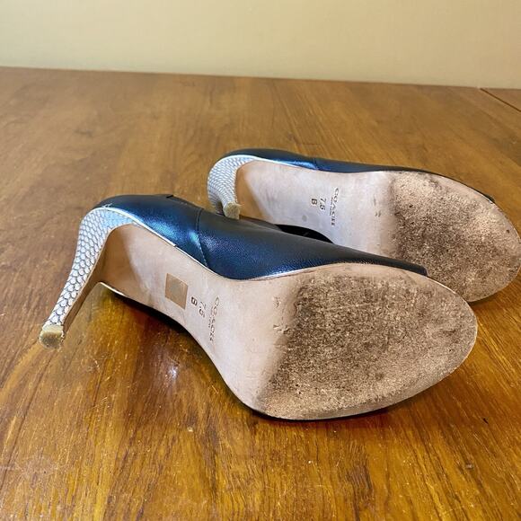 Coach Black Leather Booties Size 7.5 Peep-Toe Snakeskin Stiletto Heel - Picture 8 of 8